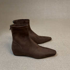 羊皮版~复古方头内增高短靴女麂皮绒面瘦瘦靴后拉链弹力靴马丁靴