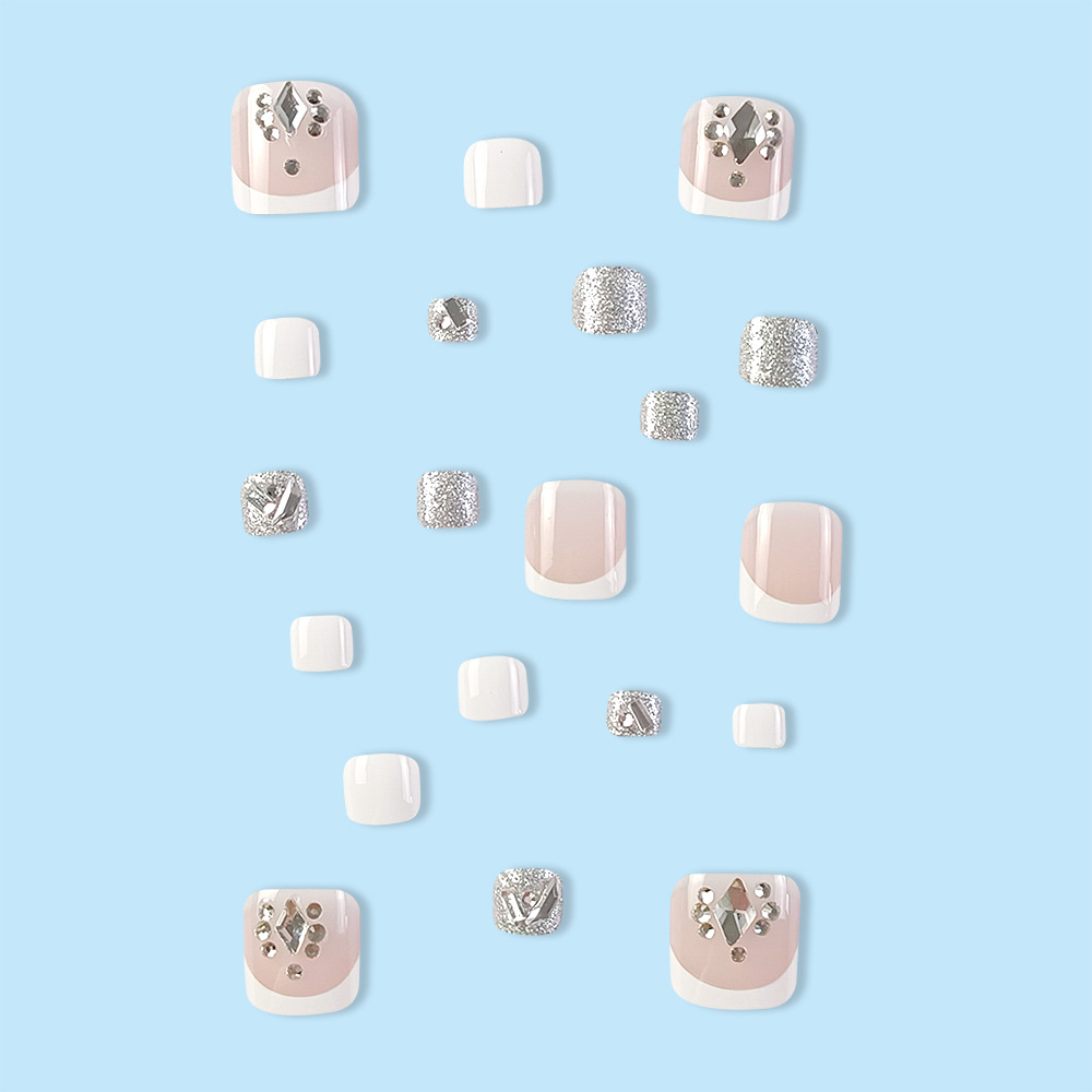 Venta directa de fábrica: Uñas postizas de verano estilo francés, con borde blanco y diamantes de imitación brillantes, removibles. image 5