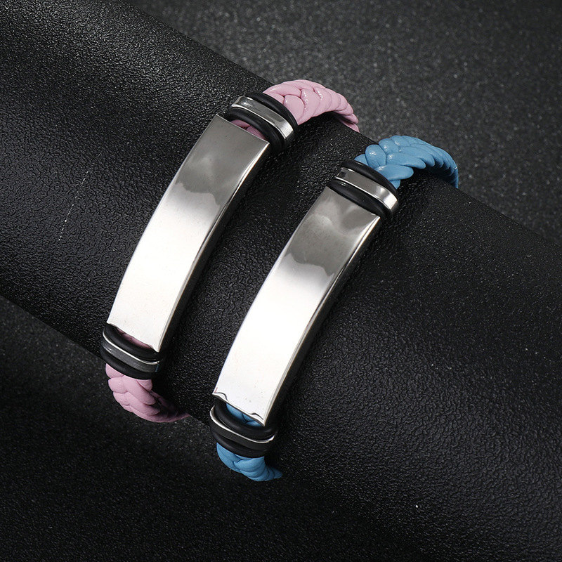 Cross-Border European and American New Stainless Steel Simple Silver Color Bracelet Light Plate Lettering Leather Braided Bracelet Men's Bracelet