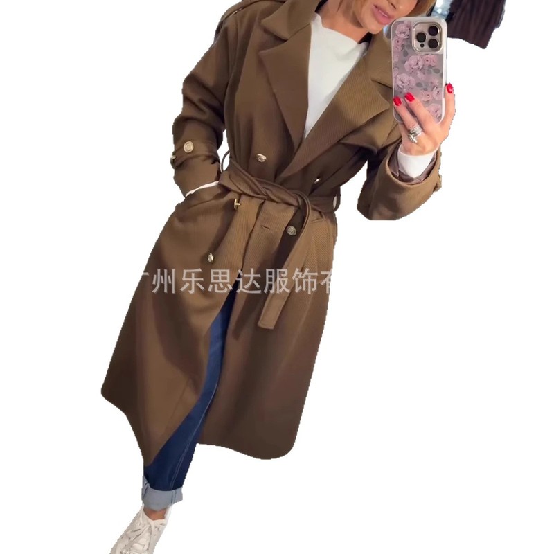 欧美风跨境外贸女装25秋冬气质时尚长袖翻领双排扣配腰带风衣外套|undefined