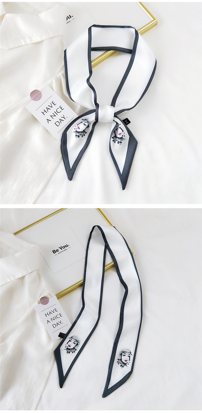 30g Weight Silk Scarf Classification Travel Occasion Unisex Gender Sweet Style Khaki, Grey, Pink, Purple, Red, Green, Blue, Black Color Fashion Streamer Printing Bow Silk Scarf Wholesale 19