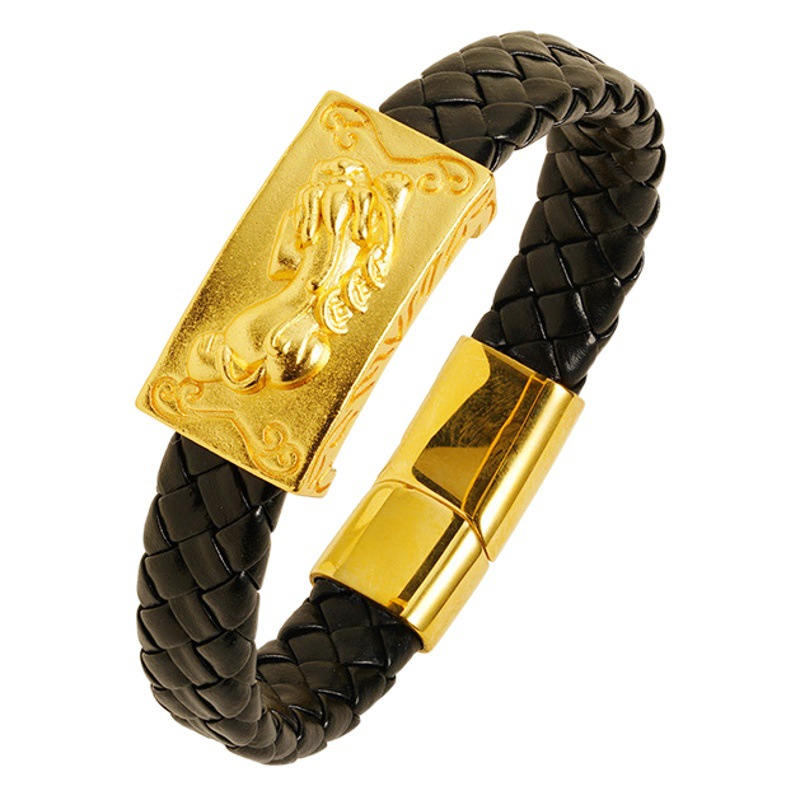 Antigua arena oro personalizada cuero cuerda pulsera goteo aceite Abacus Wanfu hombres dominante pulsera fábrica al por mayor suministro