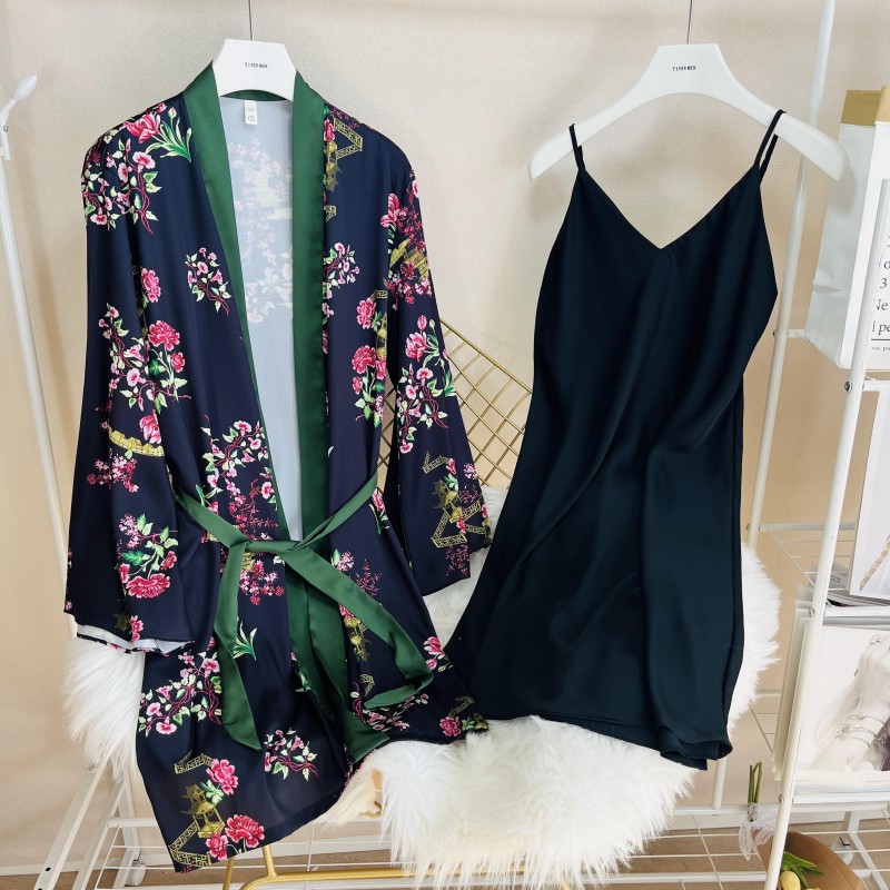 2023 New Silk Nightgown Two-Piece Sexy Sling Nightgown Printed Bathrobe Long Sleeve Set Women's Pajamas