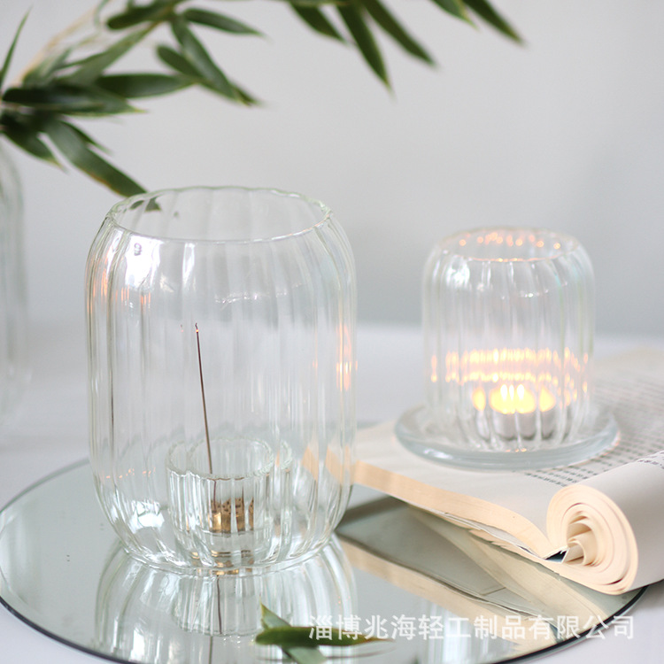 Taza de vela de vidrio chino cubierta de vidrio a prueba de vientos lujoso perfumado casero línea Zen perfumado sala de té decoración base de vela