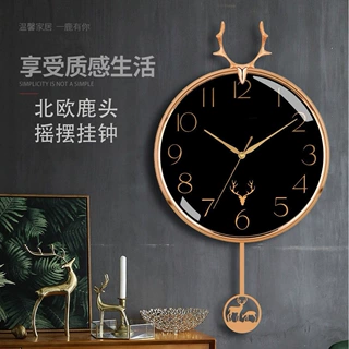 北欧鹿头静音挂钟客厅轻奢摇摆简约挂表创意钟表大气挂墙表批发
