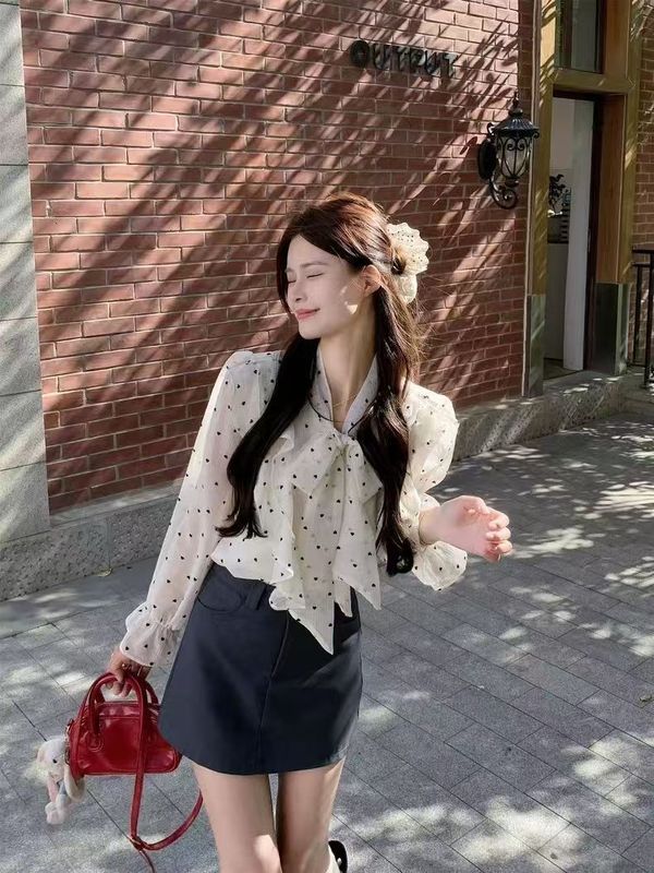 2025春夏季女士新款法式高级感荷叶边波点衬衫设计感绑带宽松上衣|undefined