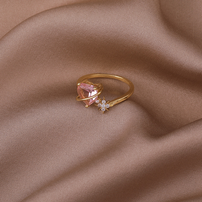 Fashion cute pink heart-shaped pearl star zircon copper open index finger ring