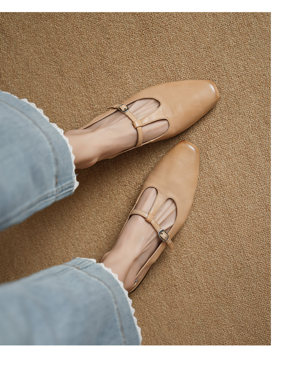Sandal nữ quai ngang da bò gót vuông 3 cm khóa T — màu trắng ngà chi tiết 7