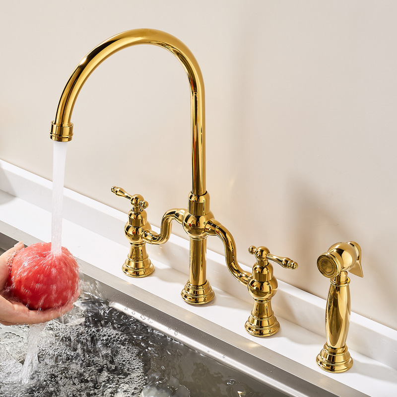 French-Style Retro Three-Hole Kitchen Faucet, Open Basin, All-Copper Dual-Handle Hot and Cold Water Faucet, Rotating Gold Faucet French-Style Retro Three-Hole Kitchen Faucet, Open Basin, All-Copper Dual-Handle Hot and Cold Water Faucet, Rotating Gold Faucet