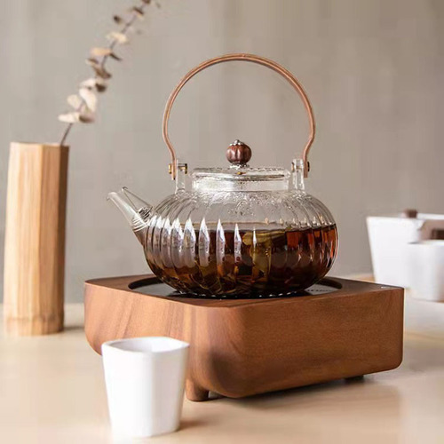 Heat-resistant glass teapot, wood-fired tea brewing with a thickened glass bubble tea pot, home use high borosilicate glass tea pot with a wooden handle