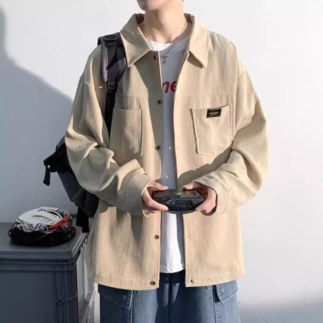 Camisa de manga larga de pana para hombres, primavera y otoño, marca de moda para hombres, ropa de trabajo retro japonesa suelta, chaqueta de camisa pesada