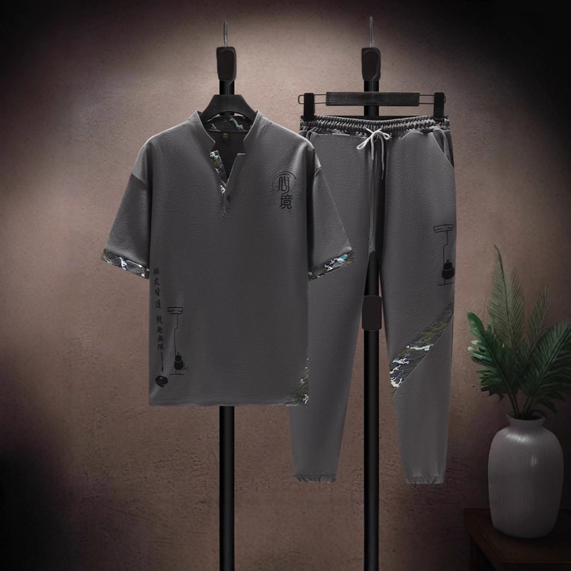 Men's Casual Suit for Summer, a Handsome Set of Chinese Style Ice Silk Men's Clothing, Summer Trendy Brand Tang Suit, Retro Style Men's Casual Suit for Summer, a Handsome Set of Chinese Style Ice Silk Men's Clothing, Summer Trendy Brand Tang Suit, Retro Style