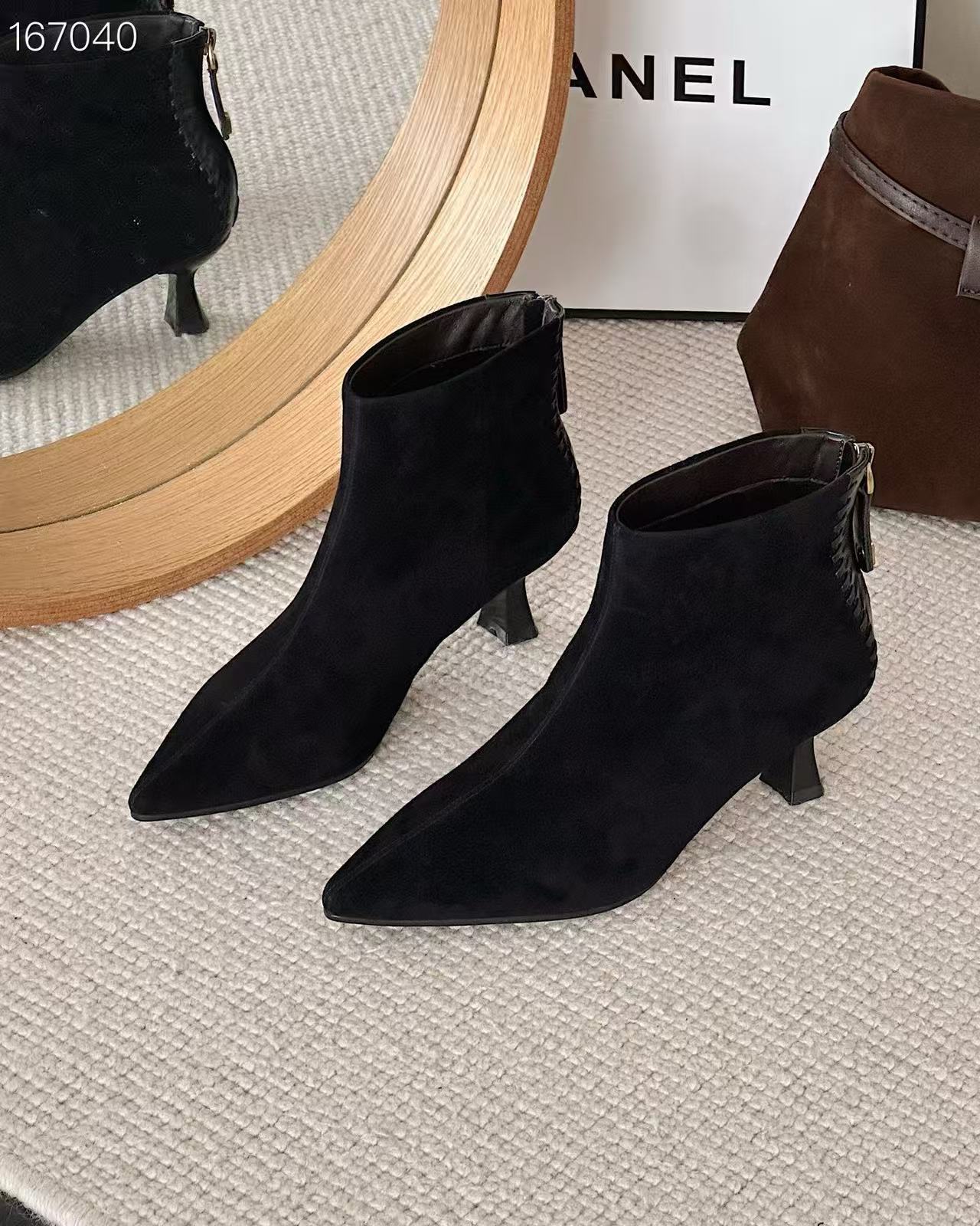 Boot nữ mũi nhọn gót cao dây kéo bên da — Màu đen chi tiết 2