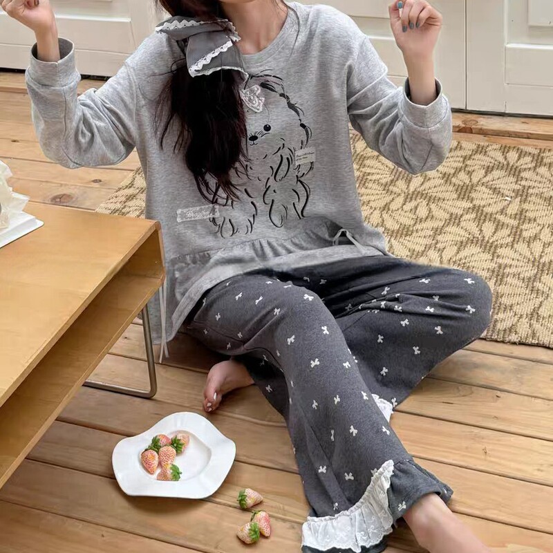 2025 Autumn New Custom Cute Simple Dog Pattern Long Sleeve Long Pants Pajama Set Lace Homewear Can Be Worn Outside 2025 Autumn New Custom Cute Simple Dog Pattern Long Sleeve Long Pants Pajama Set Lace Homewear Can Be Worn Outside