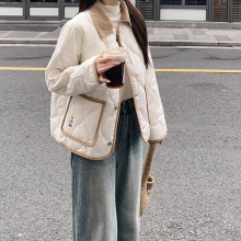 棉衣女冬季新款撞色短服翻领面包服外套白色黑色氨纶