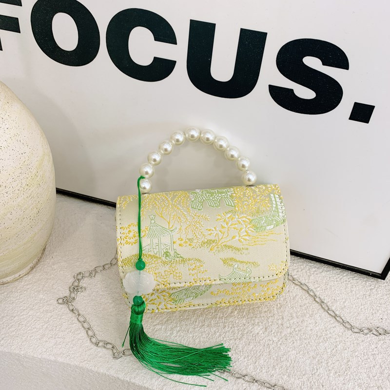 Bolsas de niños nuevas bolsas de mano de perlas de estilo nacional, bolsas de cadena de arco de bordilla princesa, bolsas de hombro de moda nacional de niñas lotes