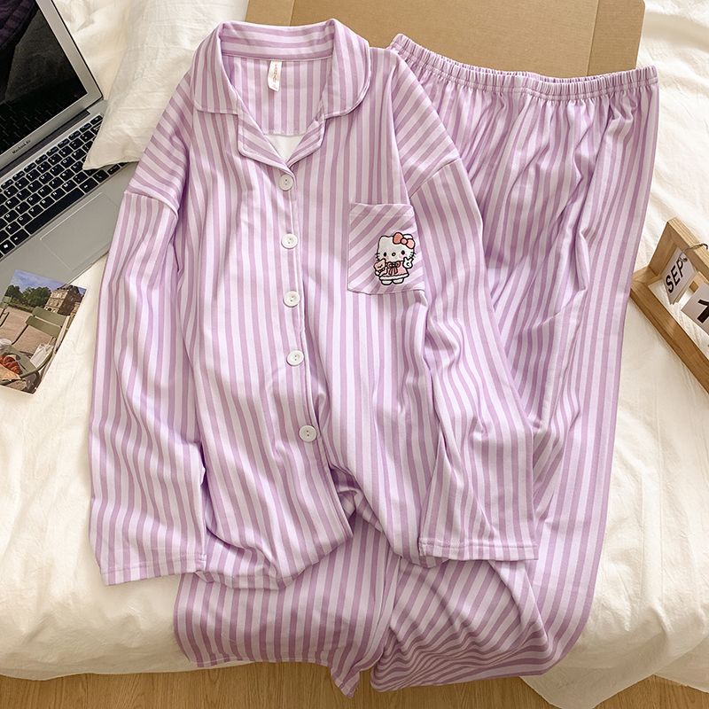 Al por mayor transfronterizo pijamas de terciopelo de mujeres otoño y invierno nuevos cardigans dulces dibujos animados rayas pantalones de manga larga ropa para el hogar