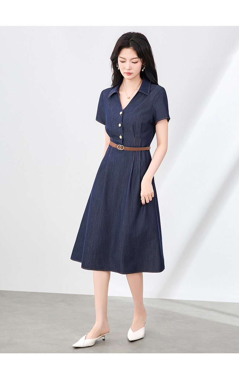 Váy liền denim sơ mi kiểu Pháp thắt eo thanh lịch — Màu xanh lam nhạt chi tiết 11