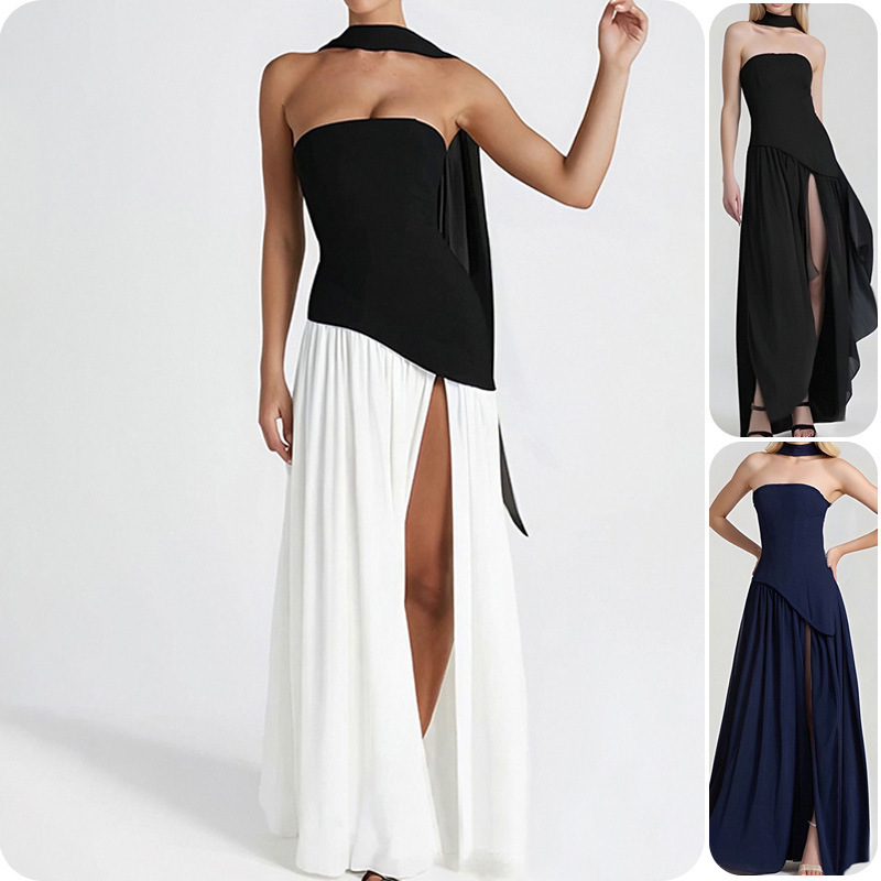 2026 New Summer Women's Clothing, Cross-Border European and American Dresses, Fashionable Casual Strapless Solid Color High-Slit Long Dress 2026 New Summer Women's Clothing, Cross-Border European and American Dresses, Fashionable Casual Strapless Solid Color High-Slit Long Dress