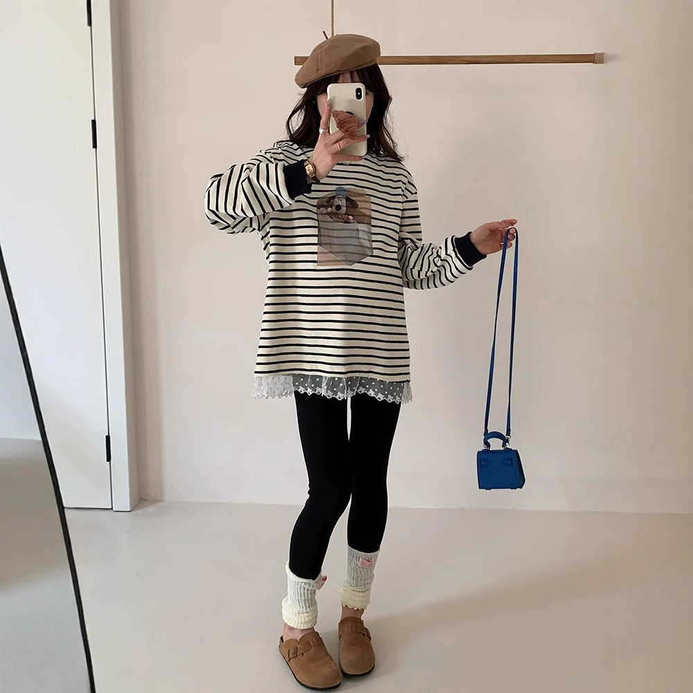Корейская одежда для беременных в полоску с мультяшным принтом на подоле и кружевом сладкие беременные женщины
