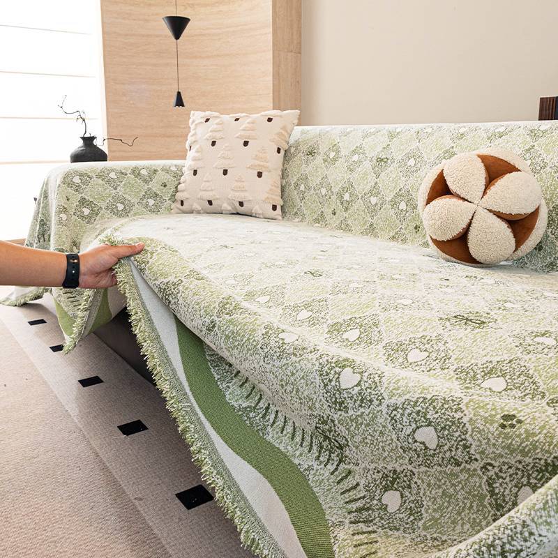 Sofa Cover Green Geometric Pattern With Tassel Edge, All Seasons_voghion.com