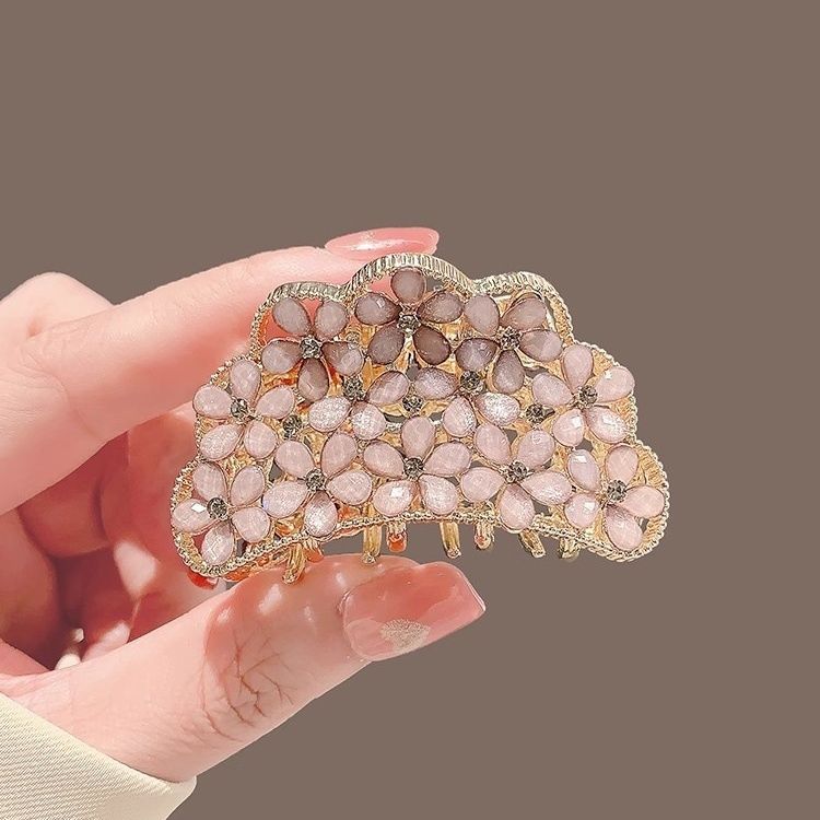 High-end Hollow-out Purple Diamond Shark Clip Women's Sweet Luxury Fan-shaped Hairpin French Style Gem Flower Grab Clip Headwear