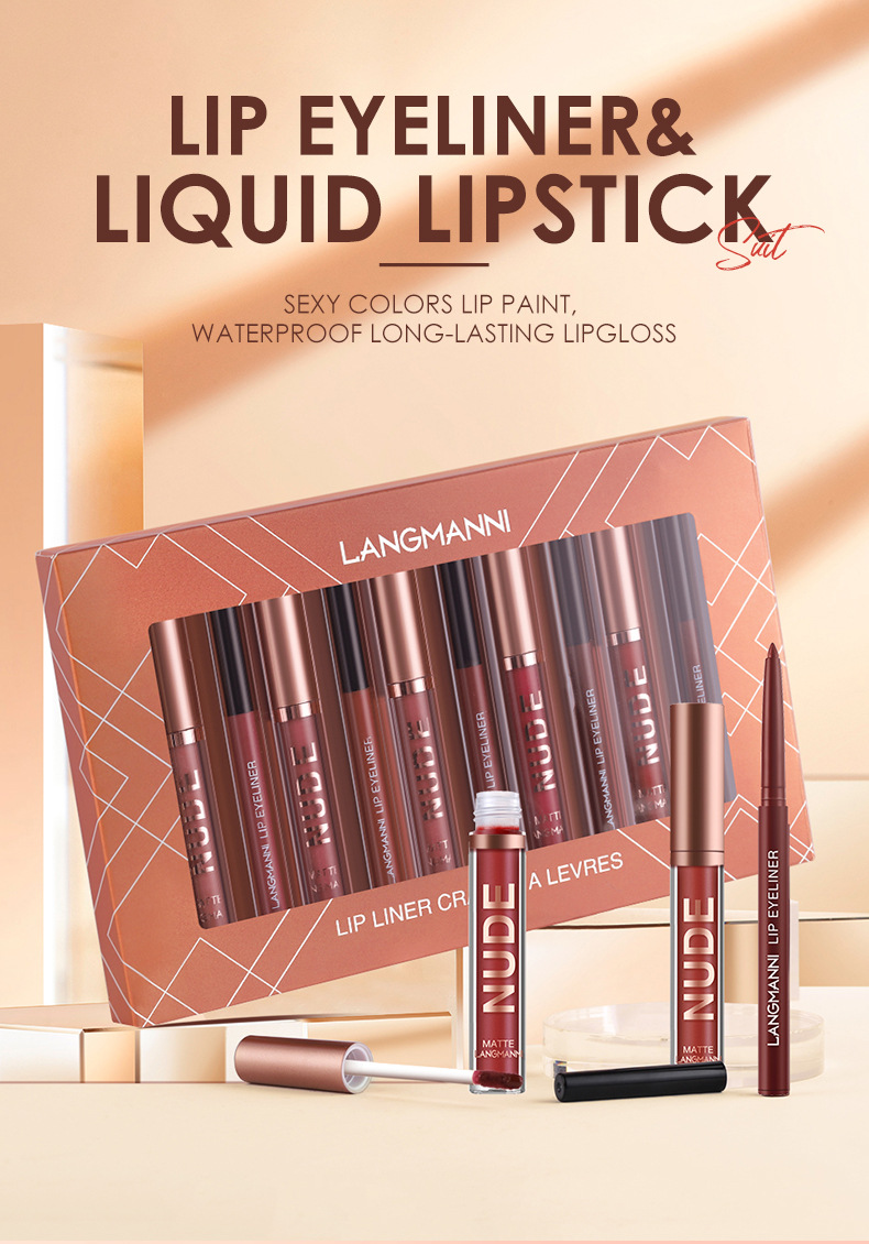 Langmanni 12-piece lip gloss set 6+6 Lip gloss and Lip liner pen combination Non-stick cup matte lip gloss Specification drawing