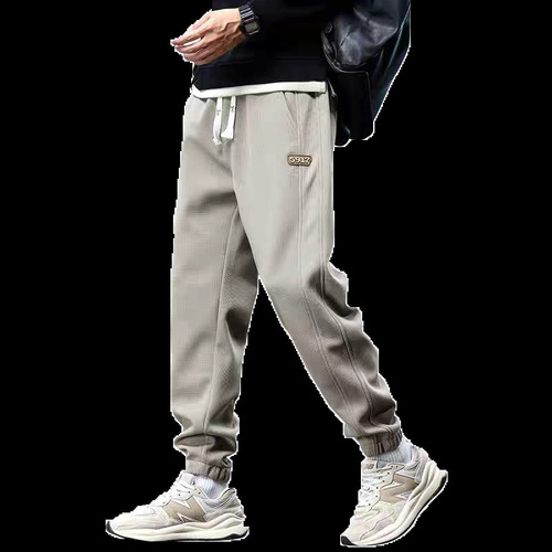 Men's sporty corduroy pants, autumn and winter workwear, trendy khaki color, men's casual ankle-length padded sweatpants