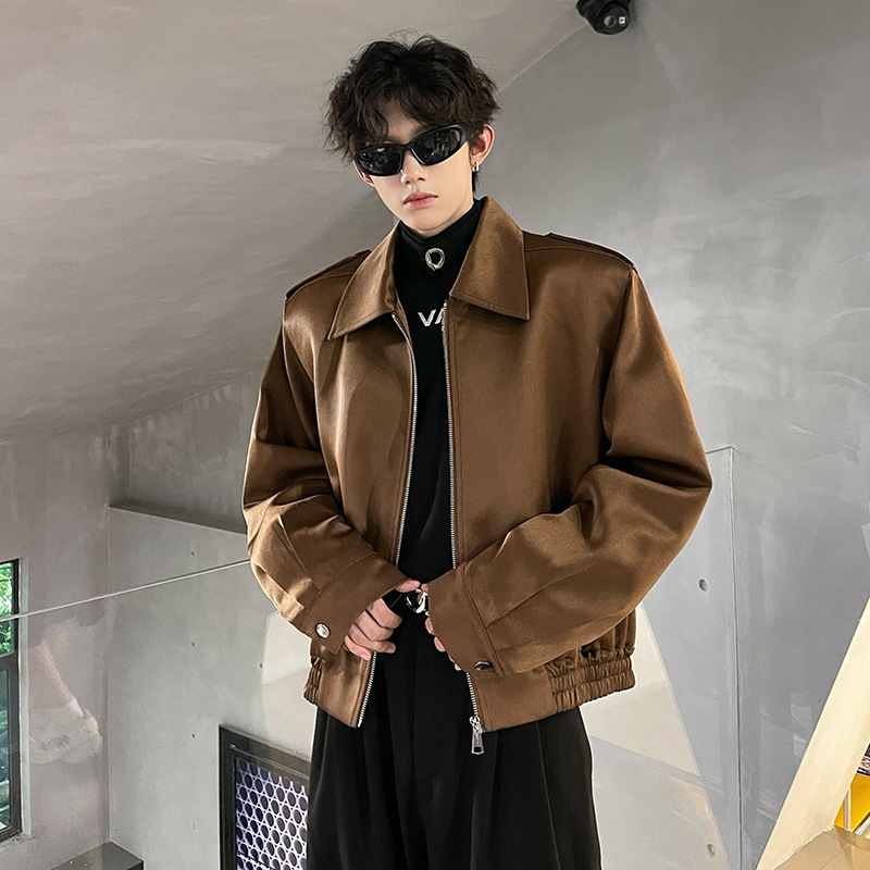 High-grade Satin Pad Shoulder Jacket Spring and Autumn Men's Old Money Style Vintage Lapel Aviator Motorcycle Jacket Short