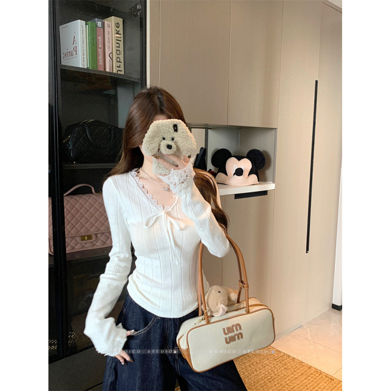 辣妹设计感蕾丝花边纯色收腰显瘦针织衫长袖T恤女上衣|undefined