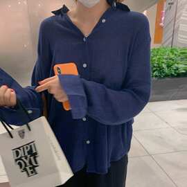 2024春秋纯色长袖衬衫女衬衣休闲标准常规衬衫领单排扣