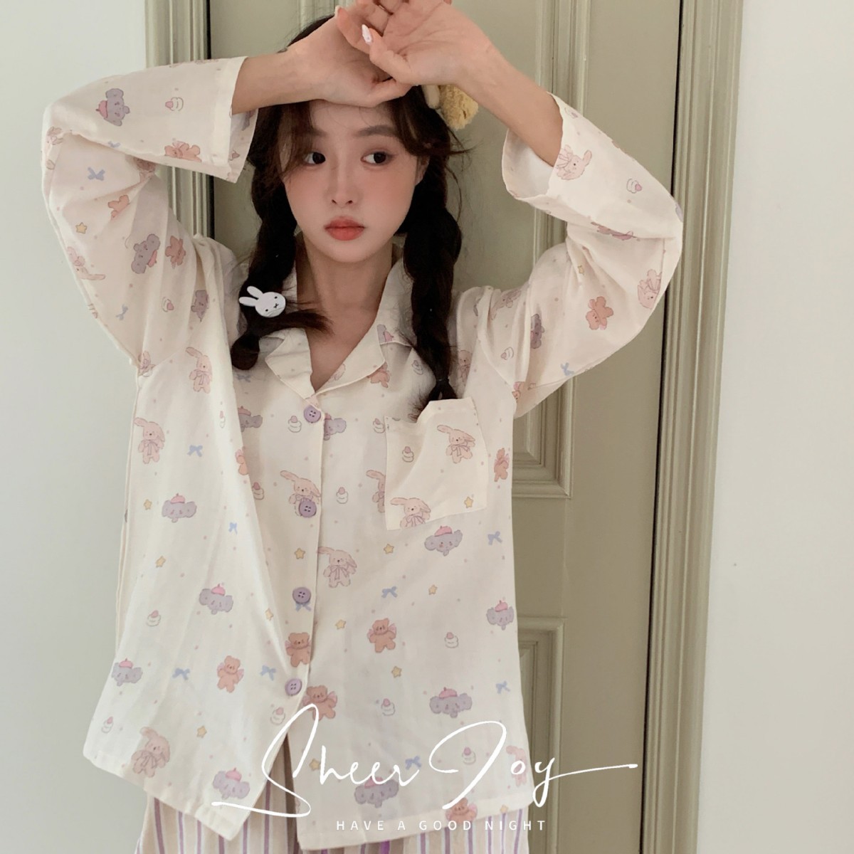 新款纯棉尖领卡通柔软条纹慕斯系列女士家居服长袖长裤小淘气