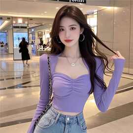 慧纯欲辣妹方领长袖打底衫女气质御姐范修身显瘦短内搭上衣