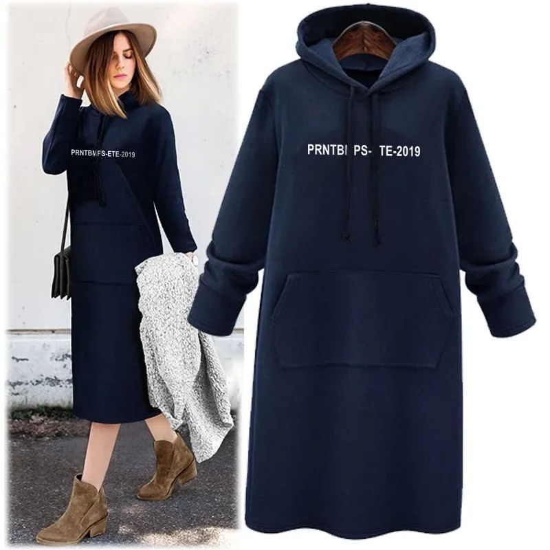 Loose Casual Hoodie Dress Women's Mid-Length Korean Style Plus Size Printed Round Neck Empire Waist Long Sleeve Dress