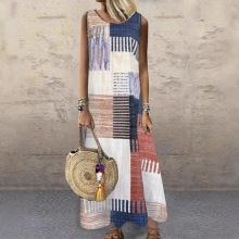 欧美跨境亚马逊夏季女式连衣裙随机印花圆领无袖度假休闲裙子女