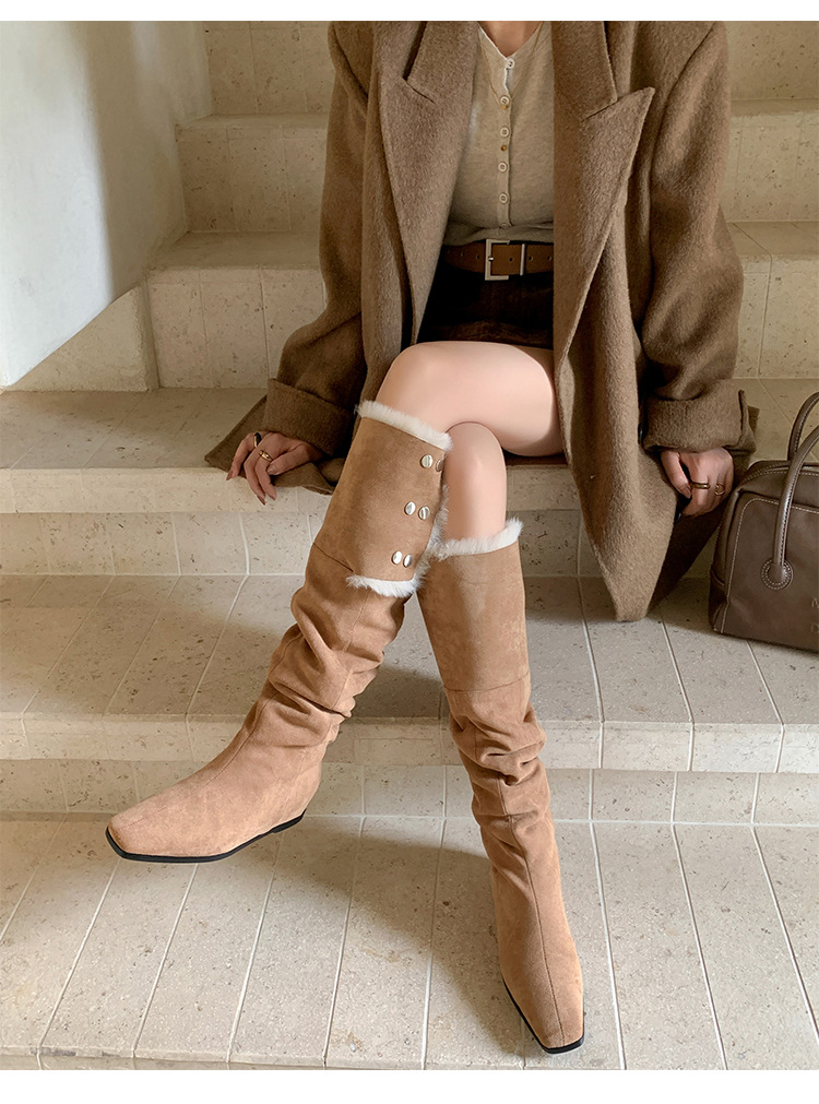 Boot tuyết nữ cổ cao ôm chân, lót lông dày, gót wedge nâng chiều cao, hai kiểu mang — màu xám chi tiết 17