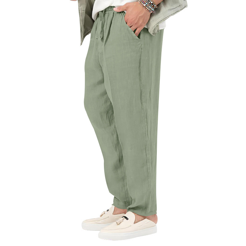 2024 Summer New Thin Men's Fashion Large Solid Casual Drawstring Cotton Hemp Pants_voghion.com