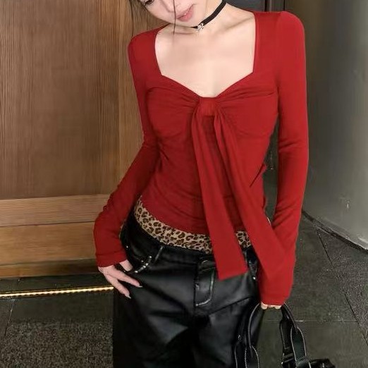秋冬季纯欲风磨毛打底衫内搭长袖T恤女法式系带蝴蝶结保暖V领上衣