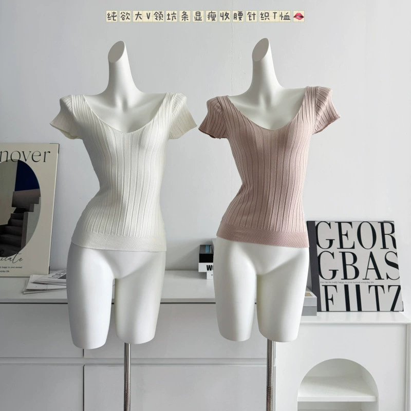 Корейская нежная и простая, свободная, вязаная футболка с вертикальным вырезом из ямы