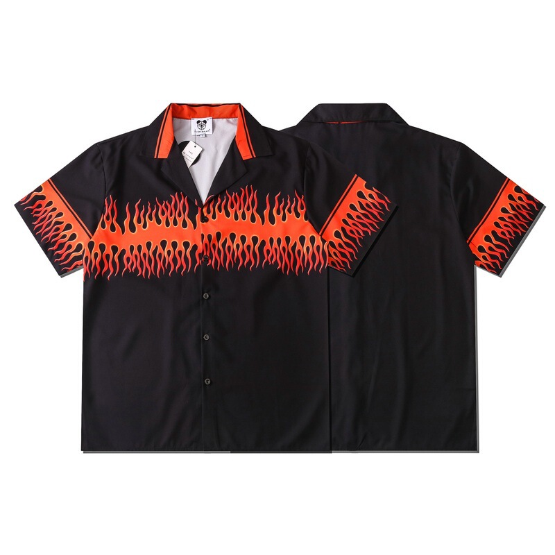 2021 Cross-border New European and American High Street Hawaiian Flower Shirt Orange Flame Full Print Beach Cardigan Short-sleeved Men's