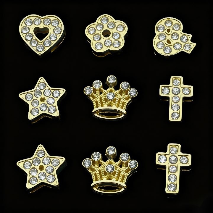 【8MM镶钻金色穿带花型】 桃心五角星十字架皇冠串珠 DIY饰品配件