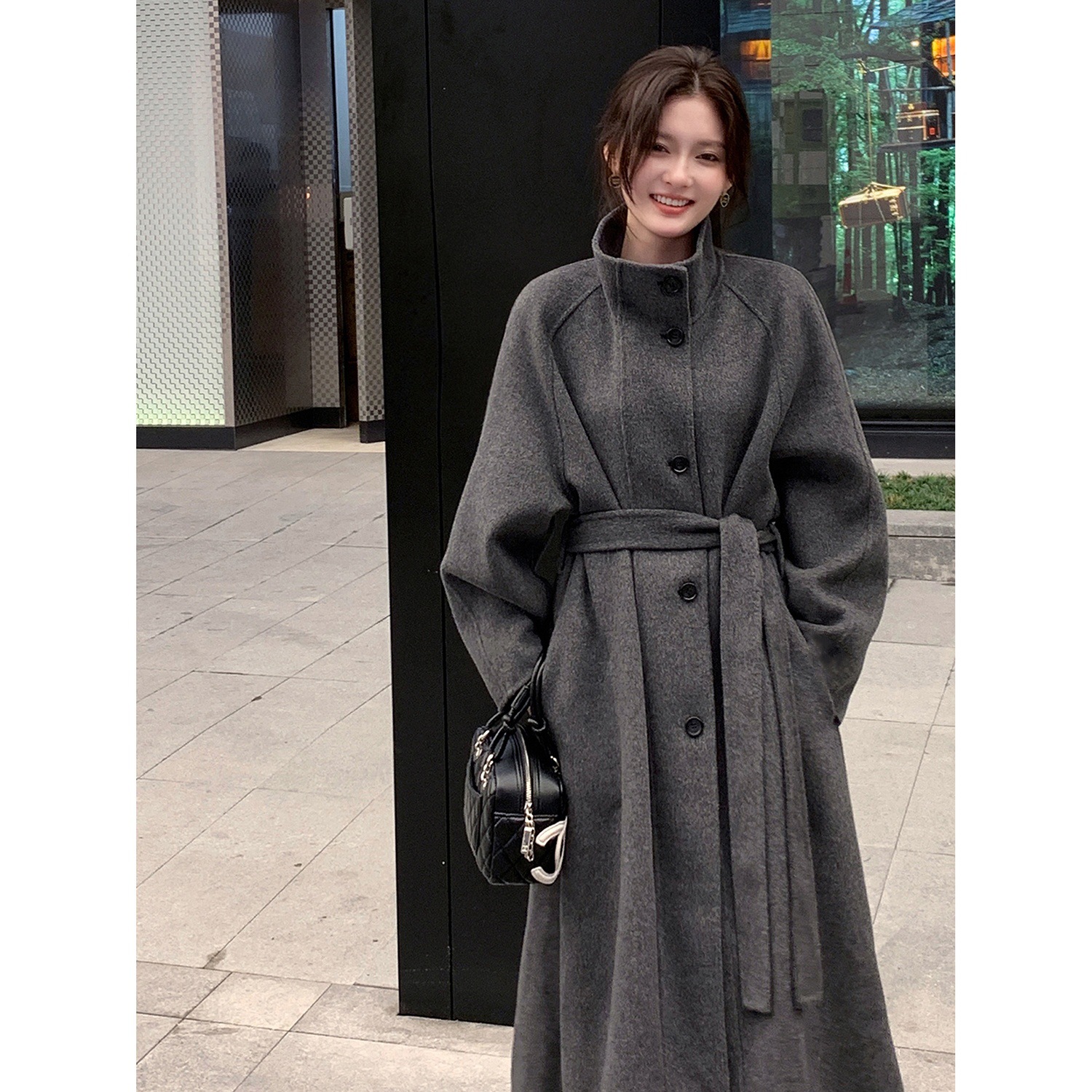 Gray Woolen Outwear Women's Mid-Length 2025 Winter New Hepburn Style High-End Strap Waist Woolen Outwear