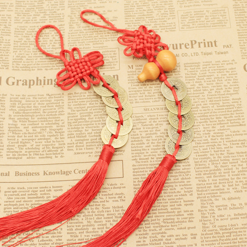 Chinese Knot Five Emperors Coin Pendant Creative Handmade Home Decoration Door-To-Door Ornament Car Hanging Wooden Gourd Festival Pendant Imitation Copper
