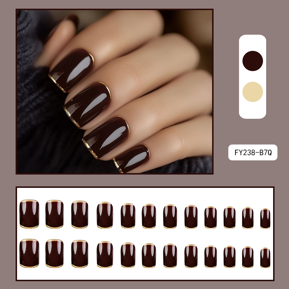 Color marrón oscuro sólido LIP Phnom Penh estilo francés manicure comercio exterior lujo ligero temperamento de desgaste de uñas 24 piezas de parche de uñas