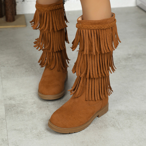 Korean Style Fringe Over-the-Knee Boot with Faux Fur Round Toe and Invisible Platform, Not Over the Knee Slip-On Women's Boots