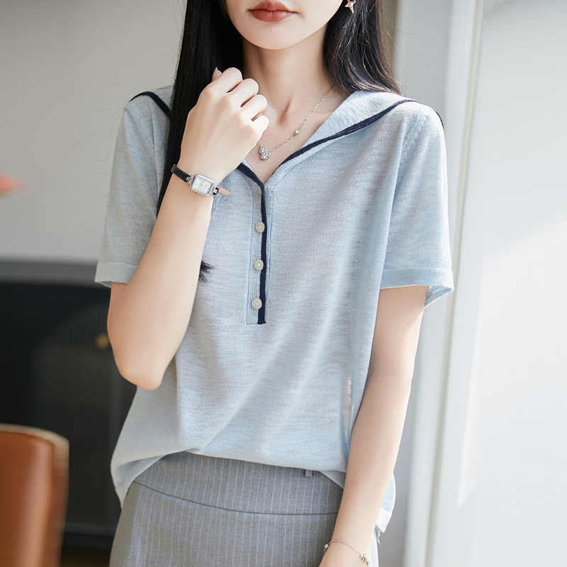 Bamboo Knit Short-Sleeve T-Shirt for Women, Summer Thin Style, Relaxed Fit, Navy Collar, V-Neck Top