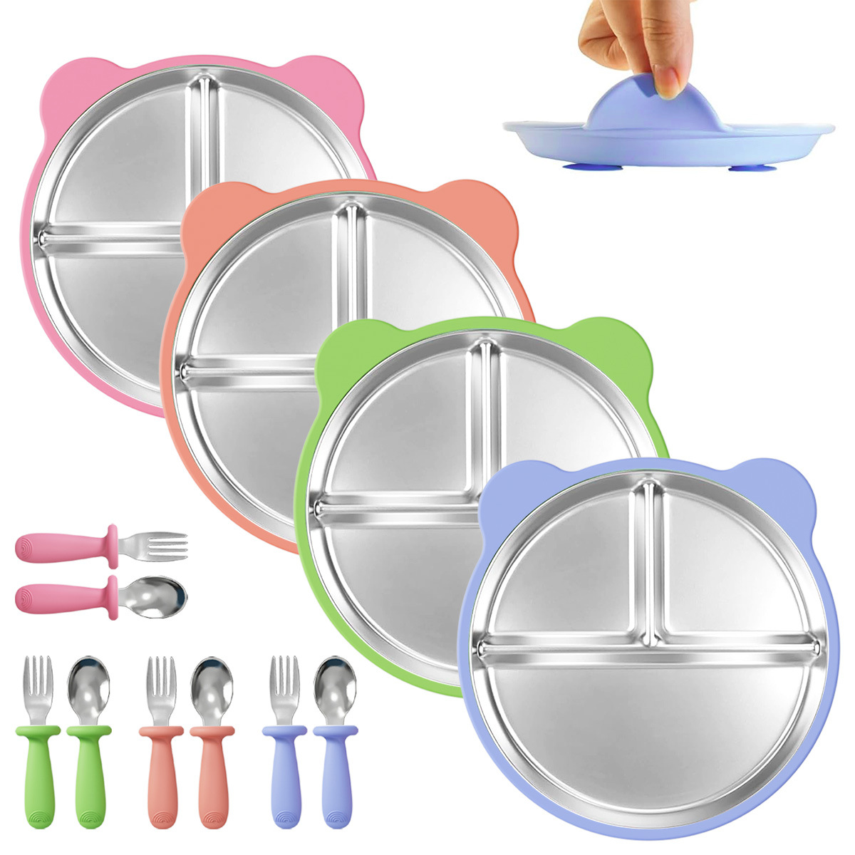 아기 이유식용 분리형 식판(흡착판 포함) 실리콘 커버 304 스테인리스 식품 등급 어린이용 포크와 스푼 식기 도매