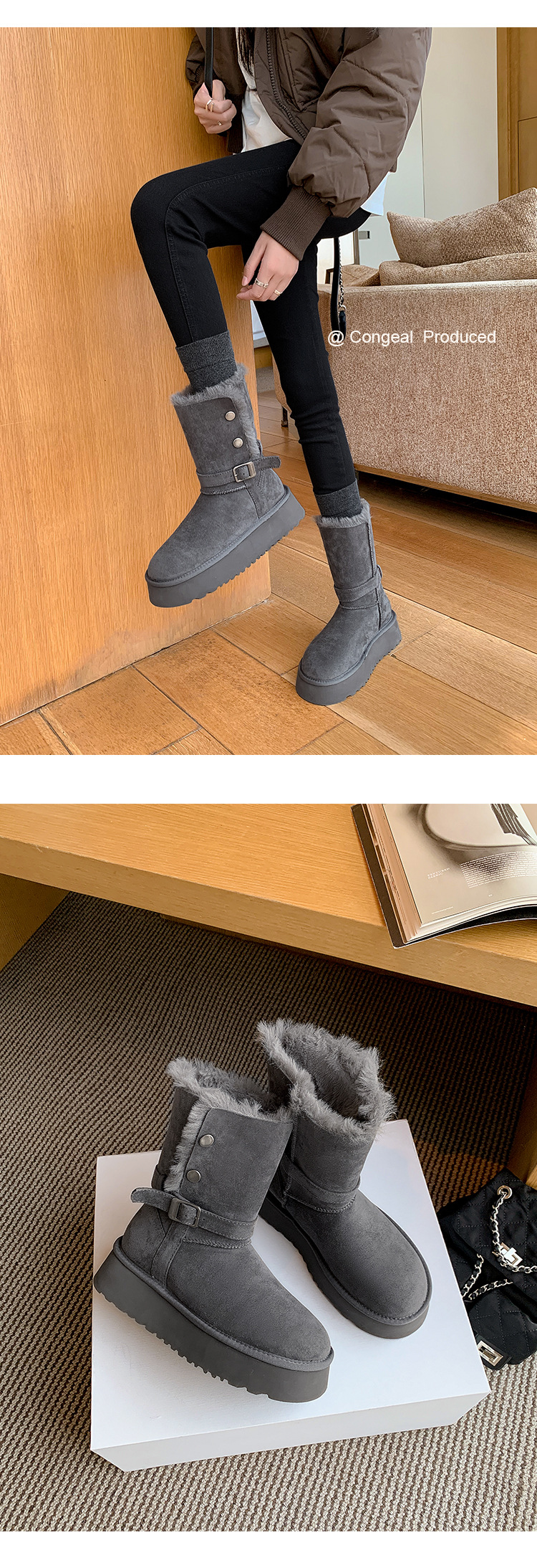 Damen-Winterstiefel mit Kunstfellfutter, dicker Gummisohle, runder Zehenpartie, Schnallenriemen, lässige hohe Stiefel für kaltes Wetter, die kurze Füße verlängern_voghion.com