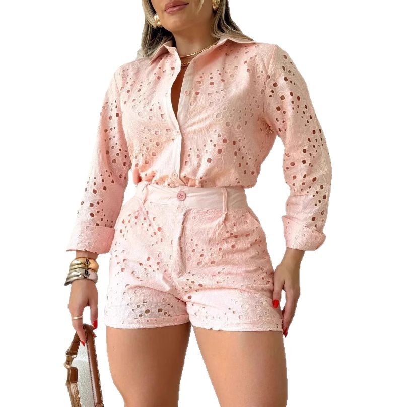 New Women's Fashion 2 Piece Set Casual Solid Color Long Sleeved Top And Hollow Shorts_voghion.com