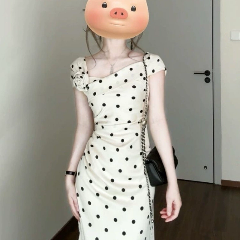 Летнее платье в французском стиле с поясом в горошек, без рукавов, новое, с объемным цветочным принтом, утягивающее, длинная юбка, новый стиль 2025 года